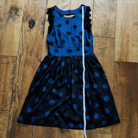 Corey Lynn Calter Blue Black Polka Dot Open Back Sleeveless Dress w/ Lace Edge - Picture 7 of 11